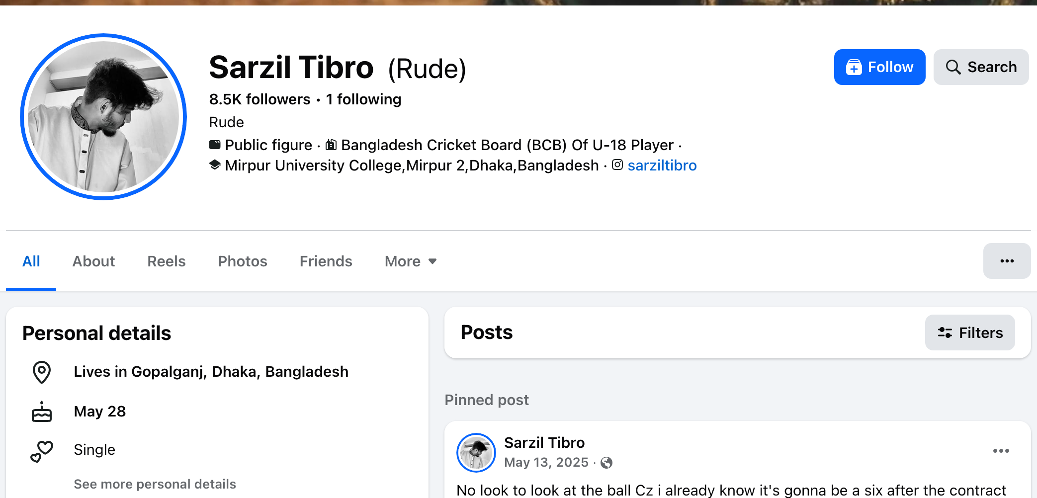 Screenshot of Sarzil Tibro's Facebook profile